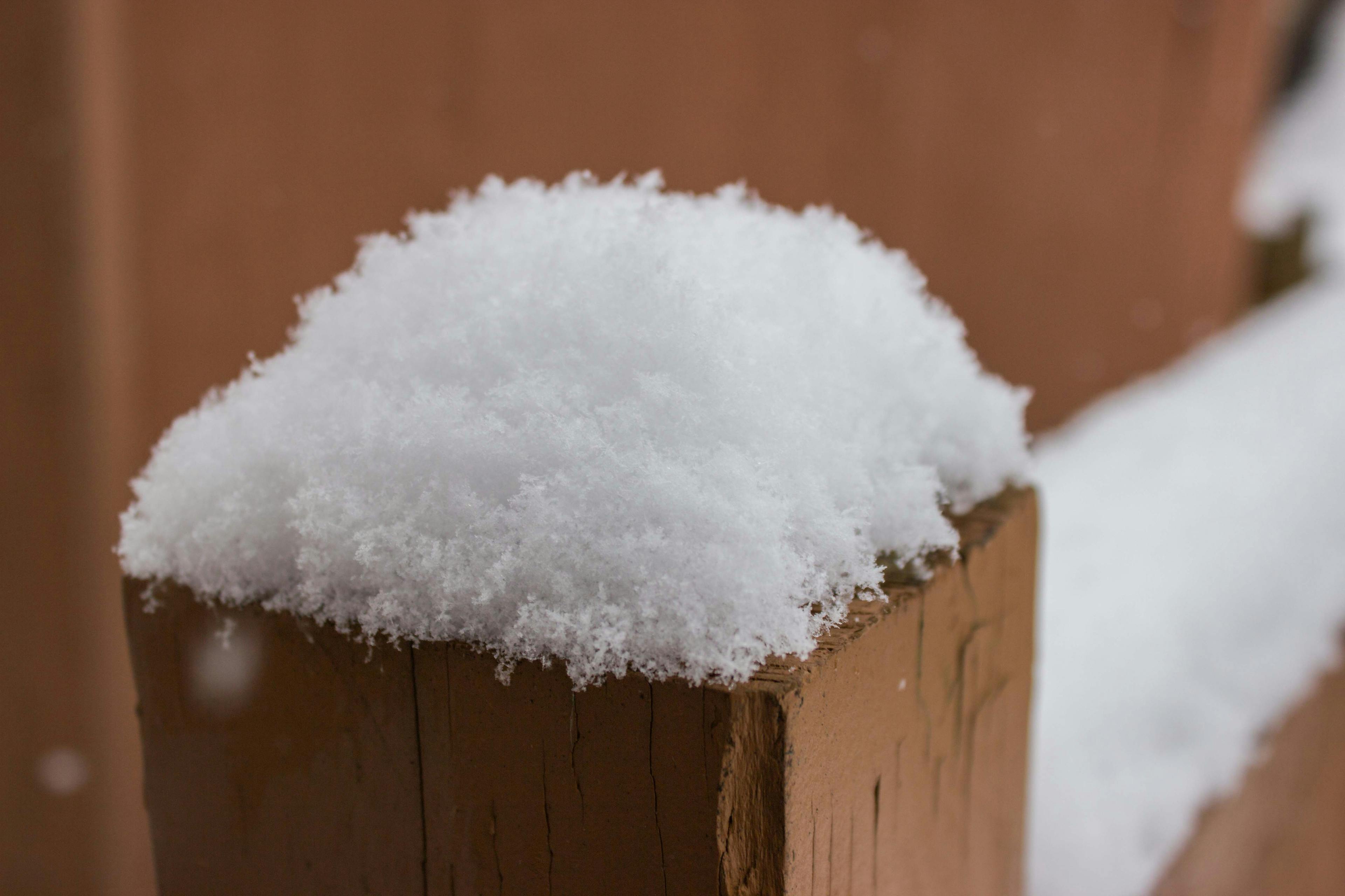Snow on a fence post